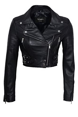 Infinity Frauen- schicke schwarze Geerntetes Bikerjacke aus Leder 12 von Infinity