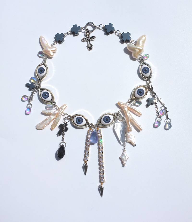 Handgemachte Sechs Augen Mit Süßwasserperlen Schwarzes Kreuz Halskette, Y2K Gothic Gothcore Unisex Schmuck von InfluBijouxSH