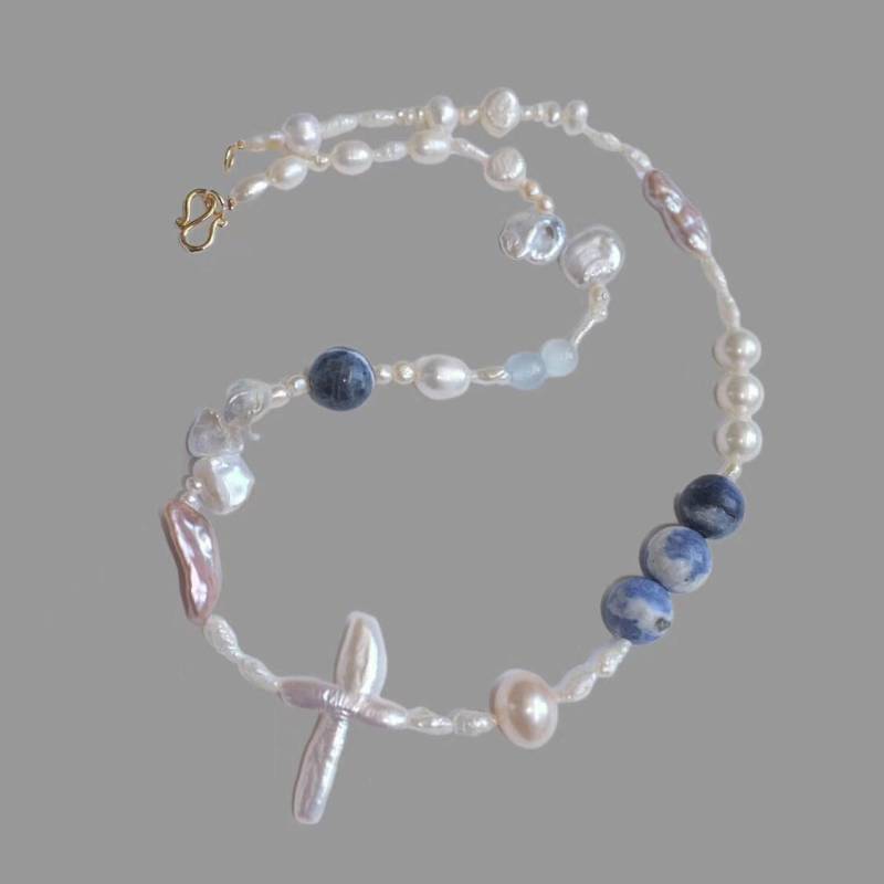Handgemachte Keshi Perle Kreuz Anhänger Halskette, Edelstein Unisex Schmuck von InfluBijouxSH
