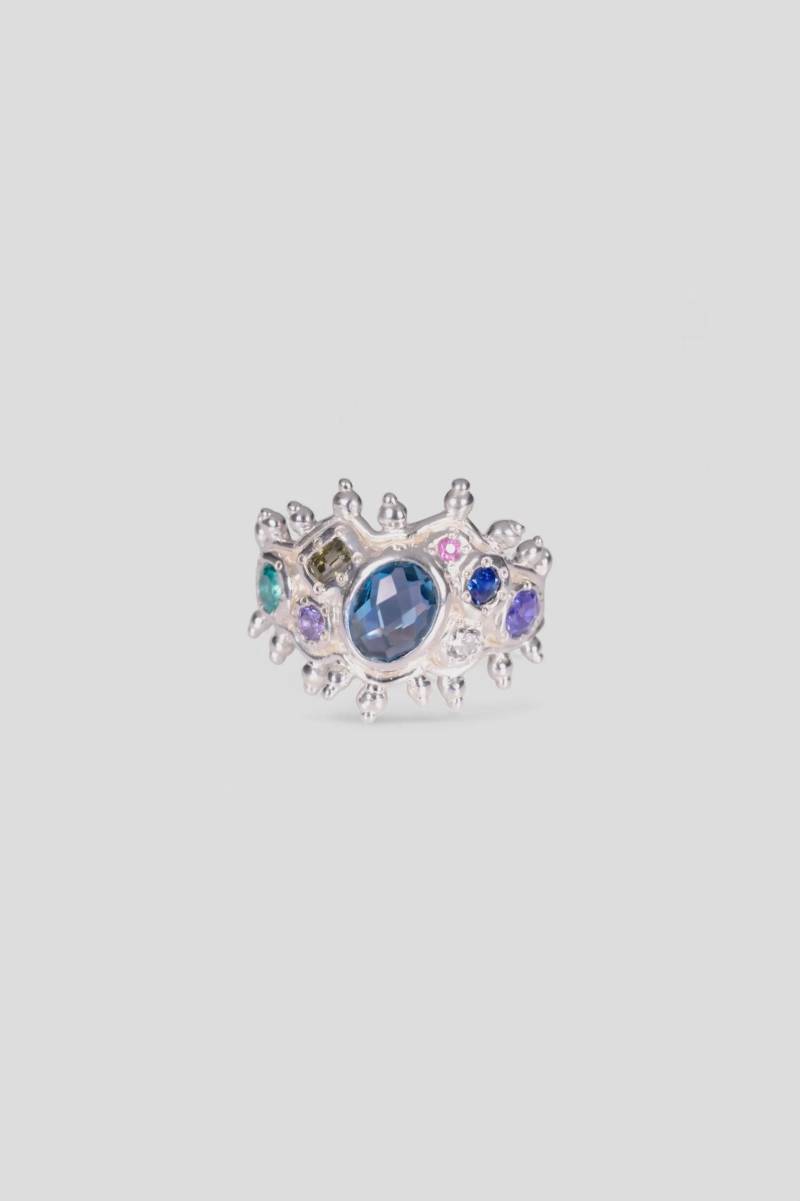 Handgemachter Farb Saphir Ring, Massiver Sterling Silber/Gold Multi Color Unisex Cabochon von InfluBijouxSH