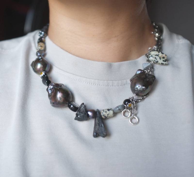 Schwarze Süßwasserperlen Mit Natursteinen Und Silberketten Herren Halskette, Unisex, Rohkristall.yin Yang.s925 Silber von InfluBijouxSH