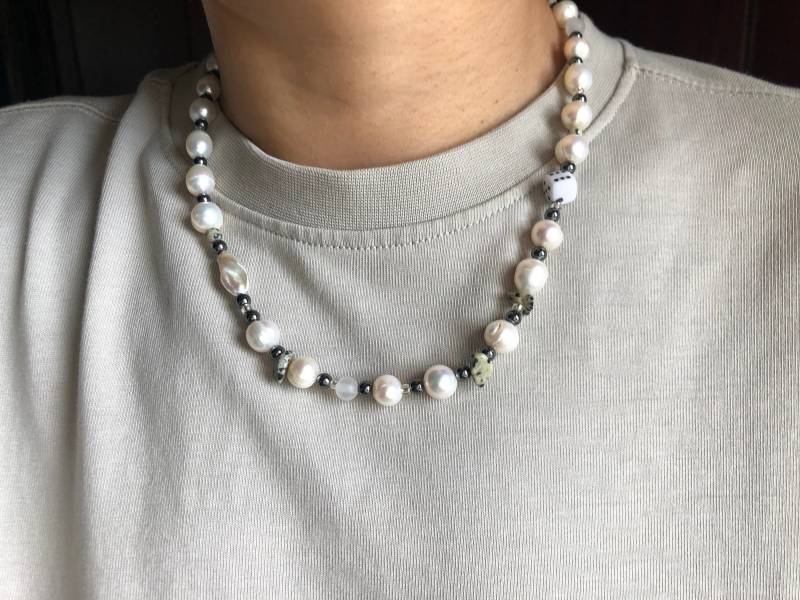 Süsswasserperle Mit Natursteinen Halskette, Unisex, Männer Schmuck, Handgemachte Perlen Halskette.custormized von InfluBijouxSH