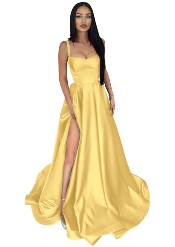 Infuness Damen Abendkleider Lange Ballkleid aus Satin mit Spaghettiträgern A-Linie Schlitz Formelle Brautjungfer mit Taschen von Infuness
