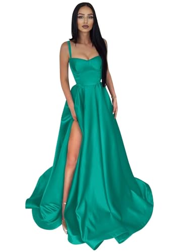Infuness Damen Abendkleider Lange Ballkleid aus Satin mit Spaghettiträgern A-Linie Schlitz Formelle Brautjungfer mit Taschen von Infuness