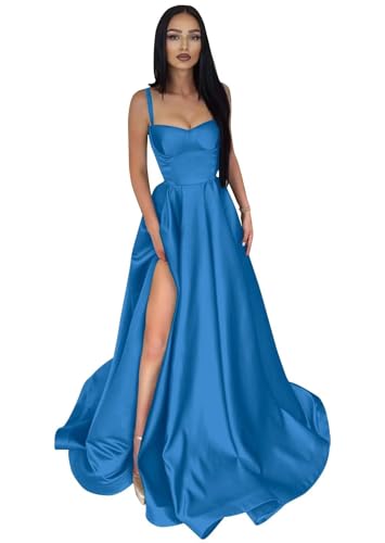 Infuness Damen Abendkleider Lange Ballkleid aus Satin mit Spaghettiträgern A-Linie Schlitz Formelle Brautjungfer mit Taschen von Infuness
