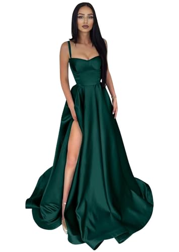 Infuness Damen Abendkleider Lange Ballkleid aus Satin mit Spaghettiträgern A-Linie Schlitz Formelle Brautjungfer mit Taschen von Infuness