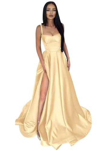 Infuness Damen Abendkleider Lange Ballkleid aus Satin mit Spaghettiträgern A-Linie Schlitz Formelle Brautjungfer mit Taschen von Infuness
