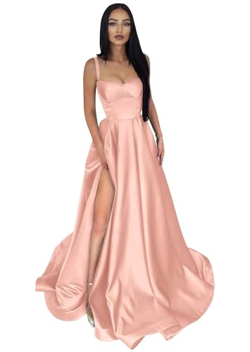 Infuness Damen Abendkleider Lange Ballkleid aus Satin mit Spaghettiträgern A-Linie Schlitz Formelle Brautjungfer mit Taschen von Infuness