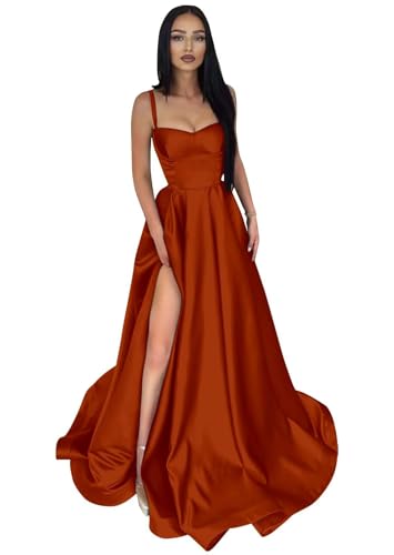 Infuness Damen Abendkleider Lange Ballkleid aus Satin mit Spaghettiträgern A-Linie Schlitz Formelle Brautjungfer mit Taschen von Infuness