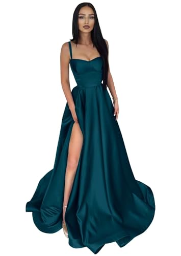 Infuness Damen Abendkleider Lange Ballkleid aus Satin mit Spaghettiträgern A-Linie Schlitz Formelle Brautjungfer mit Taschen von Infuness