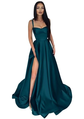 Damen Ballkleid aus Satin mit Spaghettiträgern Lange A-Linie Schlitz PlisseeFormelle Party Abendkleider mit Taschen von Infuness