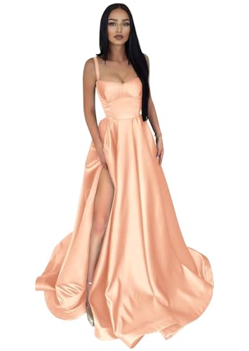 Infuness Damen Abendkleider Lange Ballkleid aus Satin mit Spaghettiträgern A-Linie Schlitz Formelle Brautjungfer mit Taschen von Infuness