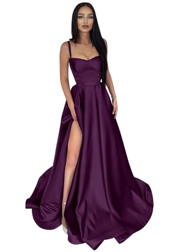 Infuness Damen Abendkleider Lange Ballkleid aus Satin mit Spaghettiträgern A-Linie Schlitz Formelle Brautjungfer mit Taschen von Infuness