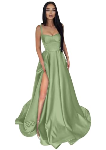 Damen Ballkleid aus Satin mit Spaghettiträgern Lange A-Linie Schlitz PlisseeFormelle Party Abendkleider mit Taschen von Infuness