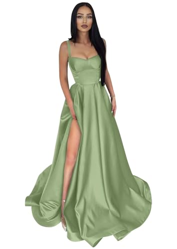 Infuness Damen Abendkleider Lange Ballkleid aus Satin mit Spaghettiträgern A-Linie Schlitz Formelle Brautjungfer mit Taschen von Infuness
