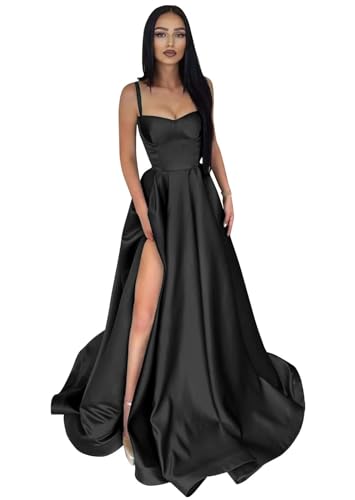 Damen Ballkleid aus Satin mit Spaghettiträgern Lange A-Linie Schlitz PlisseeFormelle Party Abendkleider mit Taschen von Infuness