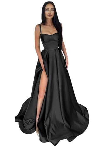 Infuness Damen Abendkleider Lange Ballkleid aus Satin mit Spaghettiträgern A-Linie Schlitz Formelle Brautjungfer mit Taschen von Infuness