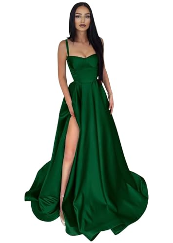 Infuness Damen Abendkleider Lange Ballkleid aus Satin mit Spaghettiträgern A-Linie Schlitz Formelle Brautjungfer mit Taschen von Infuness