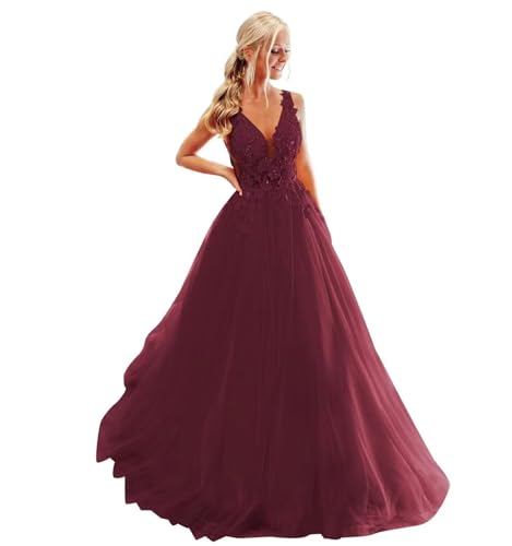 Damen Ballkleid mit Spitzenapplikation Lange V-Ausschnitt Rückenfrei Tüll Ballkleider A Linie Formelle Party Abendkleider Damen Ballkleid mit Spitzenapplikation Lange V-Ausschnitt Rückenfrei Tüll Ballkleider A Linie Formelle Party Abendkleider von Infuness