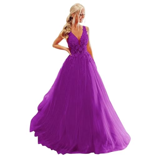 Damen Ballkleid mit Spitzenapplikation Lange V-Ausschnitt Rückenfrei Tüll Ballkleider A Linie Formelle Party Abendkleider von Infuness