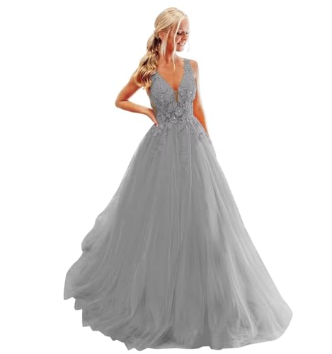 Damen Ballkleid mit Spitzenapplikation Lange V-Ausschnitt Rückenfrei Tüll Ballkleider A Linie Formelle Party Abendkleider von Infuness