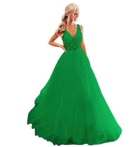 Damen Ballkleid mit Spitzenapplikation Lange V-Ausschnitt Rückenfrei Tüll Ballkleider A Linie Formelle Party Abendkleider von Infuness