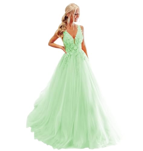 Damen Ballkleid mit Spitzenapplikation Lange V-Ausschnitt Rückenfrei Tüll Ballkleider A Linie Formelle Party Abendkleider von Infuness
