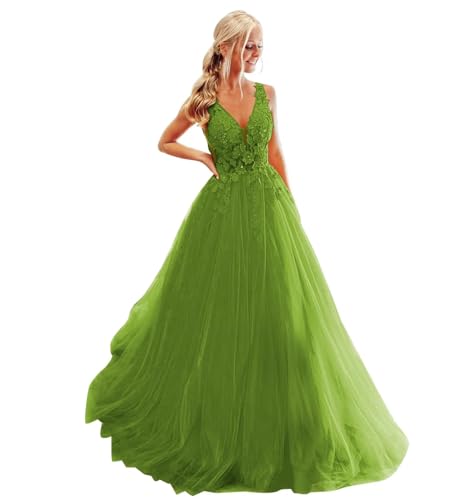 Damen Ballkleid mit Spitzenapplikation Lange V-Ausschnitt Rückenfrei Tüll Ballkleider A Linie Formelle Party Abendkleider von Infuness