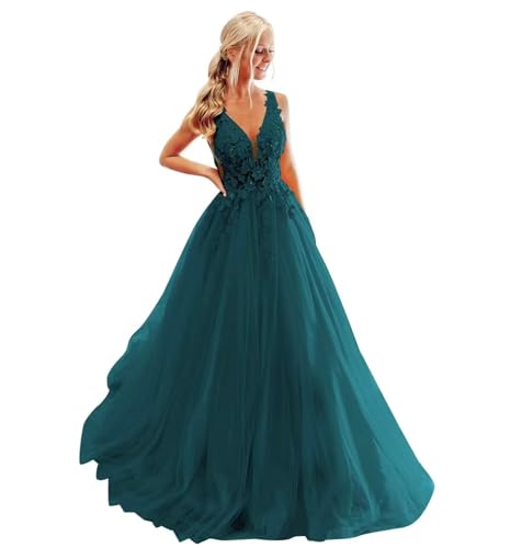 Damen Ballkleid mit Spitzenapplikation Lange V-Ausschnitt Rückenfrei Tüll Ballkleider A Linie Formelle Party Abendkleider Damen Ballkleid mit Spitzenapplikation Lange V-Ausschnitt Rückenfrei Tüll Ballkleider A Linie Formelle Party Abendkleider von Infuness