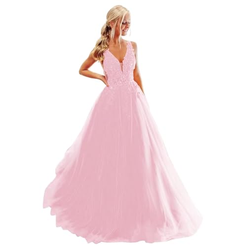 Damen Ballkleid mit Spitzenapplikation Lange V-Ausschnitt Rückenfrei Tüll Ballkleider A Linie Formelle Party Abendkleider von Infuness