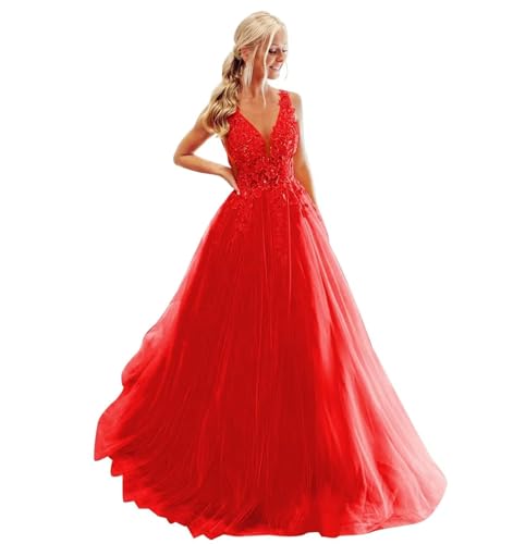 Damen Ballkleid mit Spitzenapplikation Lange V-Ausschnitt Rückenfrei Tüll Ballkleider A Linie Formelle Party Abendkleider von Infuness
