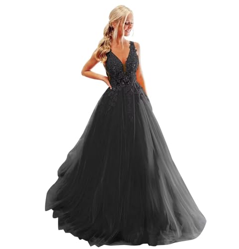 Damen Ballkleid mit Spitzenapplikation Lange V-Ausschnitt Rückenfrei Tüll Ballkleider A Linie Formelle Party Abendkleider von Infuness