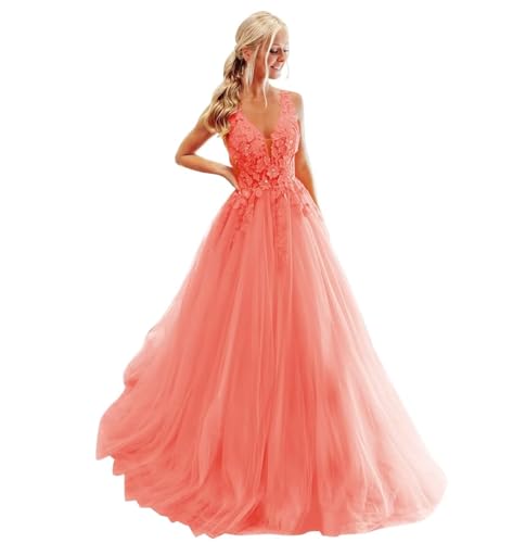 Damen Ballkleid mit Spitzenapplikation Lange V-Ausschnitt Rückenfrei Tüll Ballkleider A Linie Formelle Party Abendkleider von Infuness