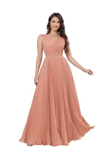 Damen Ballkleider Lang Chiffon V-Ausschnitt Abendkleid Plissee A-Linie Elegant Brautjungfernkleider mit Taschen von Infuness