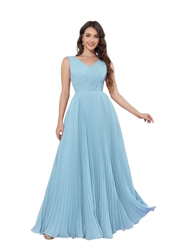 Damen Ballkleider Lang Chiffon V-Ausschnitt Abendkleid Plissee A-Linie Elegant Brautjungfernkleider mit Taschen von Infuness