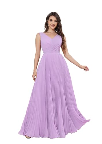 Damen Ballkleider Lang Chiffon V-Ausschnitt Abendkleid Plissee A-Linie Elegant Brautjungfernkleider mit Taschen von Infuness