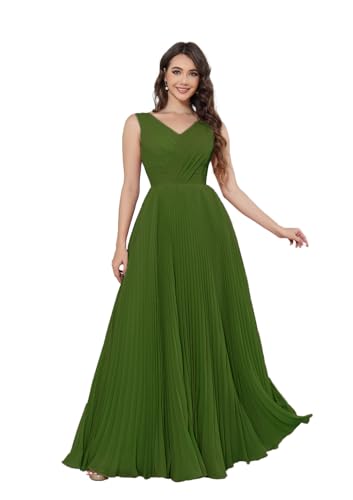 Damen Ballkleider Lang Chiffon V-Ausschnitt Abendkleid Plissee A-Linie Elegant Brautjungfernkleider mit Taschen von Infuness