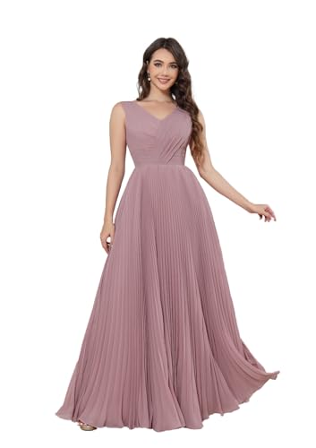 Damen Ballkleider Lang Chiffon V-Ausschnitt Abendkleid Plissee A-Linie Elegant Brautjungfernkleider mit Taschen von Infuness
