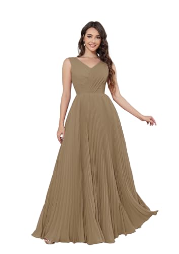 Damen Ballkleider Lang Chiffon V-Ausschnitt Abendkleid Plissee A-Linie Elegant Brautjungfernkleider mit Taschen von Infuness