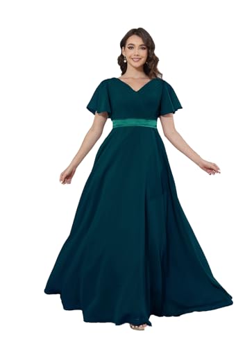 Damen Chiffon Brautjungfernkleid Lang V-Ausschnitt Rüschenärmel Abendkleider mit Taschen Gerüschte Brust A-Linie Ballkleider von Infuness