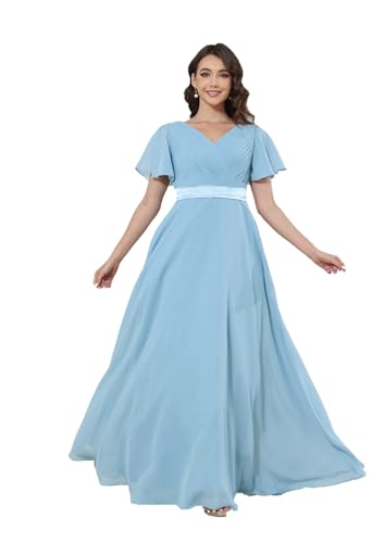 Damen Chiffon Brautjungfernkleid Lang V-Ausschnitt Rüschenärmel Abendkleider mit Taschen Gerüschte Brust A-Linie Ballkleider Damen Chiffon Brautjungfernkleid Lang V-Ausschnitt Rüschenärmel Abendkleider mit Taschen Gerüschte Brust A-Linie Ballkleider von Infuness