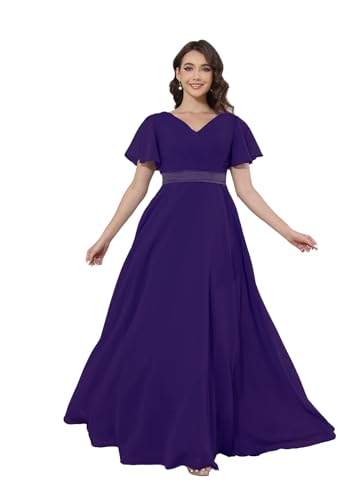 Damen Chiffon Brautjungfernkleid Lang V-Ausschnitt Rüschenärmel Abendkleider mit Taschen Gerüschte Brust A-Linie Ballkleider von Infuness