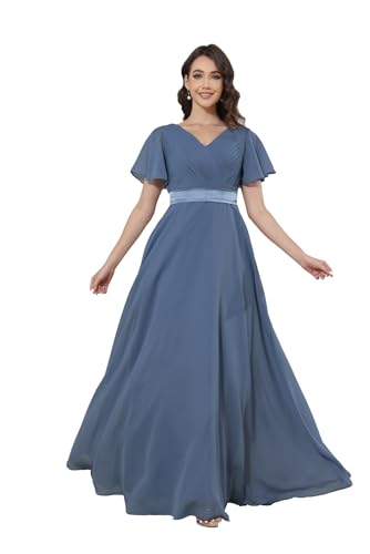 Damen Chiffon Brautjungfernkleid Lang V-Ausschnitt Rüschenärmel Abendkleider mit Taschen Gerüschte Brust A-Linie Ballkleider von Infuness
