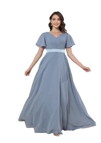 Damen Chiffon Brautjungfernkleid Lang V-Ausschnitt Rüschenärmel Abendkleider mit Taschen Gerüschte Brust A-Linie Ballkleider Damen Chiffon Brautjungfernkleid Lang V-Ausschnitt Rüschenärmel Abendkleider mit Taschen Gerüschte Brust A-Linie Ballkleider von Infuness