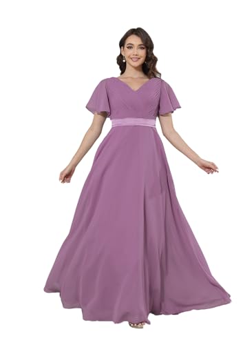 Damen Chiffon Brautjungfernkleid Lang V-Ausschnitt Rüschenärmel Abendkleider mit Taschen Gerüschte Brust A-Linie Ballkleider von Infuness