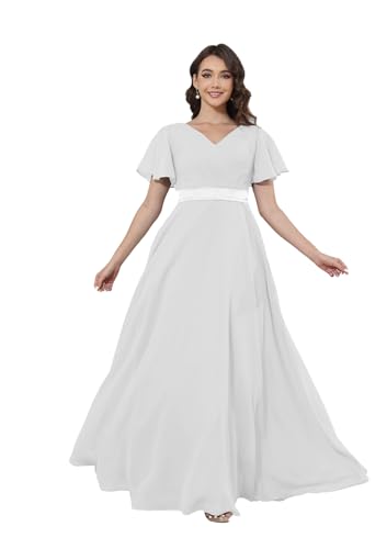 Damen Chiffon Brautjungfernkleid Lang V-Ausschnitt Rüschenärmel Abendkleider mit Taschen Gerüschte Brust A-Linie Ballkleider von Infuness