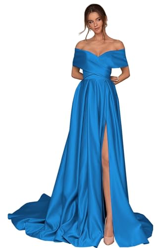 Infuness Damen Abschlusskleider Lang mit Taschen Off Shoulder Satin Ballkleider mit Korsett A-Linie Formelle Party Abendkleid von Infuness
