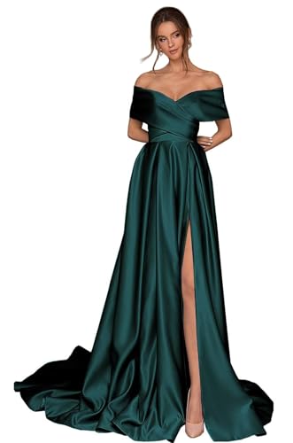 Infuness Damen Abschlusskleider Lang mit Taschen Off Shoulder Satin Ballkleider mit Korsett A-Linie Formelle Party Abendkleid von Infuness