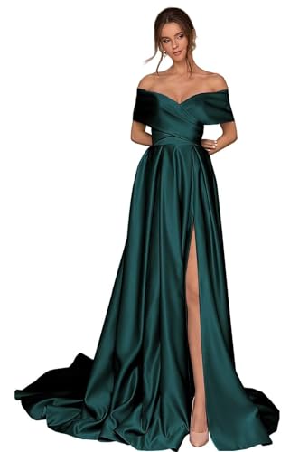 Damen Off Shoulder Satin Ballkleider mit Schlitz Lang A-Linie Korsett Formelle Party Abendkleid mit Taschen Damen Off Shoulder Satin Ballkleider mit Schlitz Lang A-Linie Korsett Formelle Party Abendkleid mit Taschen von Infuness