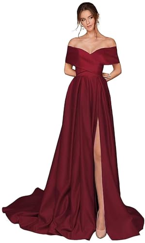Infuness Damen Abschlusskleider Lang mit Taschen Off Shoulder Satin Ballkleider mit Korsett A-Linie Formelle Party Abendkleid von Infuness